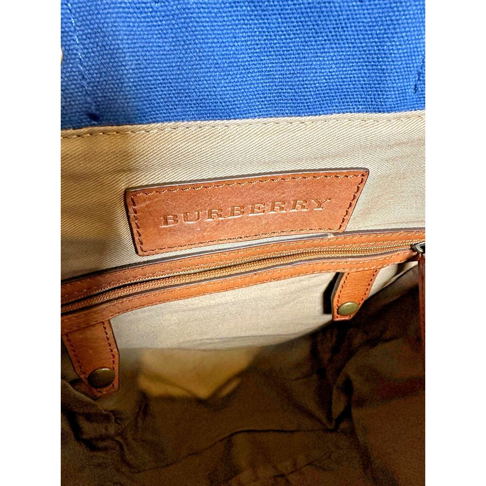 Burberry Blue Cotton Canvas Backpack Rucksack ~ Brown Leather Trim~ Drawstring - Picture 7 of 11